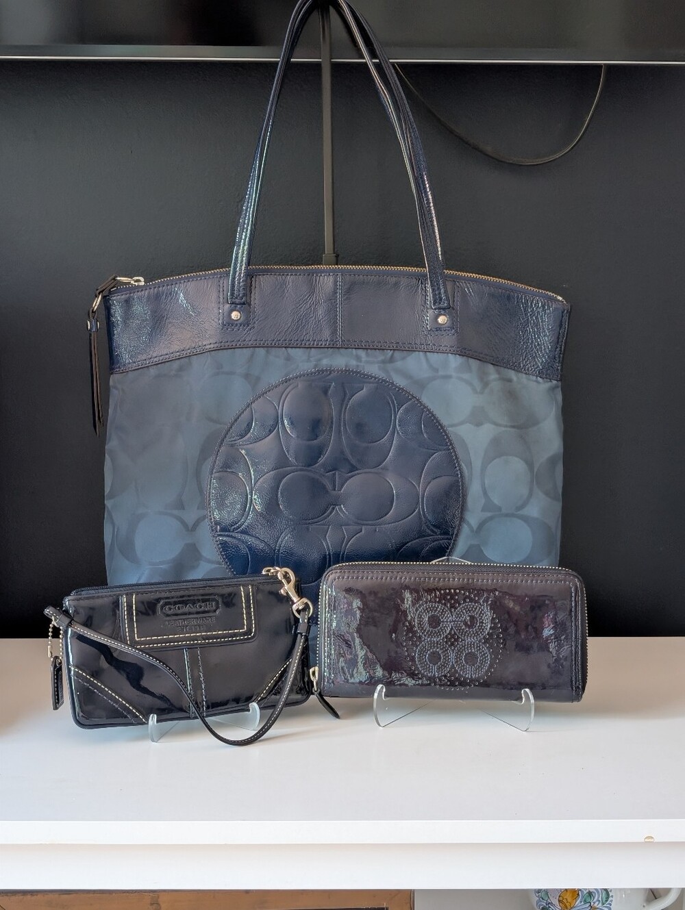 Coach Navy Signature Tote with Wristlet and Wallet Set